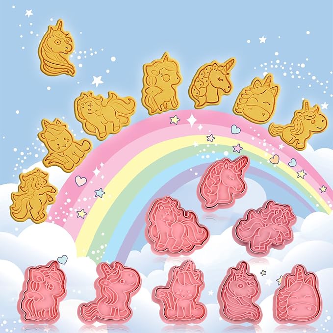 8 Piece Unicorn Cookie Cutter Set With Plunger Stamps - Unicorn Head Embossing Stamps For Biscuit Fondant Cheese Baking