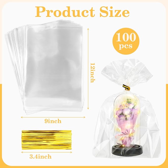 100 PCS Cellophane Treat Bags, Cidenbio 9x12 In Clear Cellophane Gift Bags with Twist Ties Plastic Goodie Bag for Party Favor Cookie Candy Popcorn Bakery Chocolate Gift Wrapping
