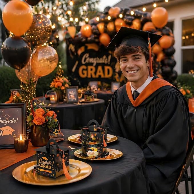 Outus 30 Pcs Graduation Cupcake Boxes Graduation Gift Box Congrats Grad Cupcake Container Candy Boxes with Window and Tassel for 2026 College High School Grad Party (Black and Orange)