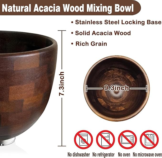 5 Quart Natural Wooden Mixing Bowl, Compatible with KitchenAid 4.5-5 Qt Tilt-Head Stand Mixers, Handcrafted Solid Wood Bowl with Stainless Steel Locking Base, Aesthetic Replacement