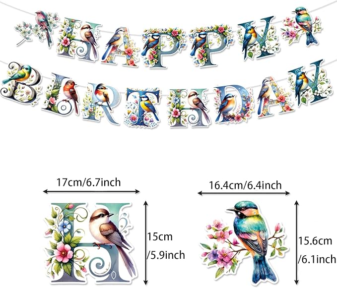 Zwiebeco Multicolored Flowers Birds Happy Birthday Banner Bunting Hanging Paper Swirls Garland Party Decorations for Boys Girls Kids Baby Shower Spring Summer Themed Bday Decor Accessories Supplies