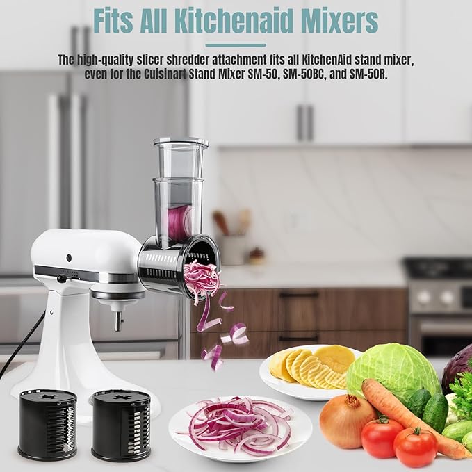 Stainless Steel Slicer Shredder Attachments for KitchenAid Stand Mixers, Vegetable Shredder, Cheese Grater, Salad Maker, Food Slicers Chopper Grinding Powder Accessories with Detachable 5 Blades