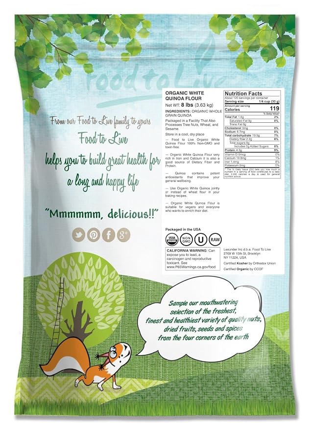 Food to Live Organic White Quinoa Flour, 8 Pounds – Non-GMO, Fine Ground Whole Grain, Vegan, Kosher, Bulk Powder, Perfect for Baking and as Thickener