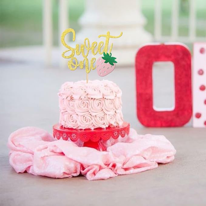1 PCS Strawberry Sweet One Cake Topper Glitter First Birthday Strawberry Cake Pick for Sweet Fruit Theme Baby Shower Kids Birthday Party Cake Decorations Supplies Gold