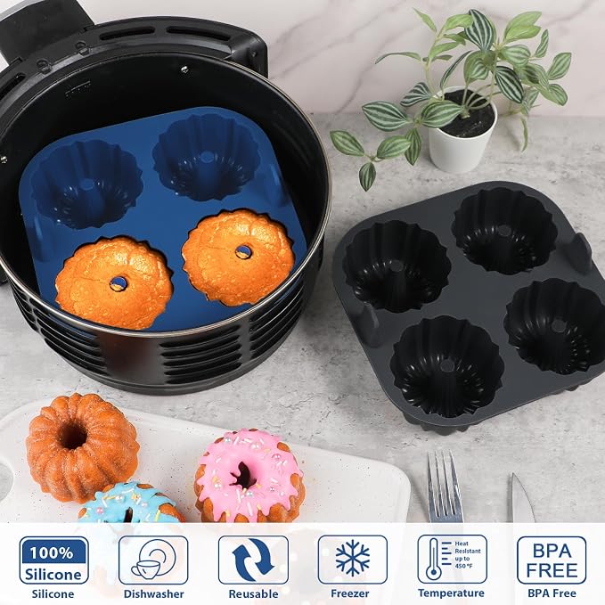 Webake Silicone Air Fryer Fluted Cake Pan for Baking, Nonstick BPA Free Fluted Tube Cake Pans, 4-Cavity, Set of 2