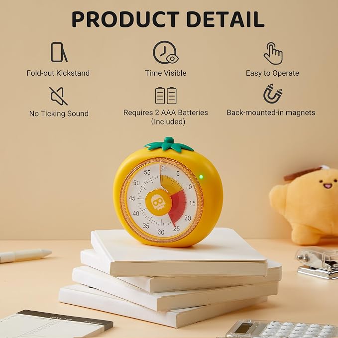 Magnetic Visual Timer, 60-Minute Countdown for Kitchen Classroom Homework | 4-Color Zone Dial with Cute Design, Kids Timer with Pomodoro Mode Time Management Tool for ADHD, Cooking & Baking