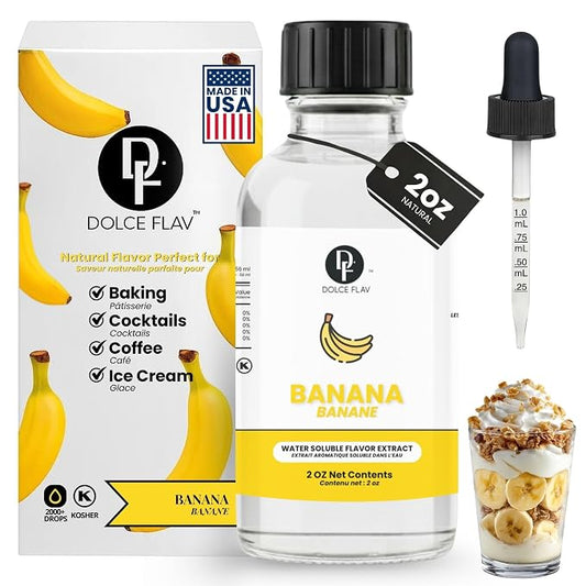 Dolce Flav Natural Banana Extract – 2 oz Water-Soluble Pure Banana Flavoring Drops for Baking, Smoothies & Desserts | Sugar Free, Allergen Free, Kosher | Made in USA