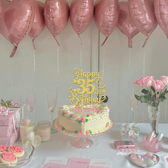 1 PCS Happy 35th Birthday Cake Topper Glitter Cheers to 35 Years Birthday Cake Pick Hello 35 Fabulous Cake Decoration for Happy 35th Birthday Anniversary Party Decorations Supplies Gold