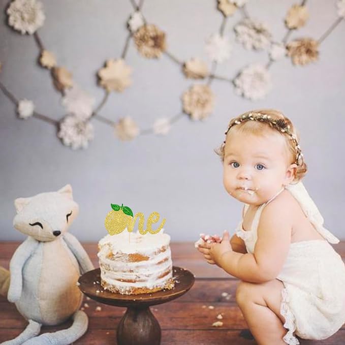 Rsstarxi 1 Pack Lemon One Cake Topper Glitter Happy First Birthday Cake Pick for Baby Shower 1st Birthday Party Cake Decorations Supplies