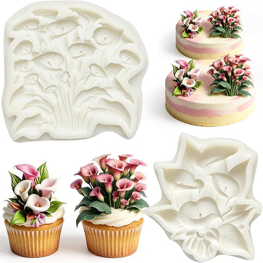 2Pcs Calla Lily Silicone Mold Set Flower Floral Bouquet Cake Decorating Fondant Molds for Wedding Cupcake Toppers Baking Chocolate Candy Dessert Botanical Resin Supplies Soap Polymer Clay
