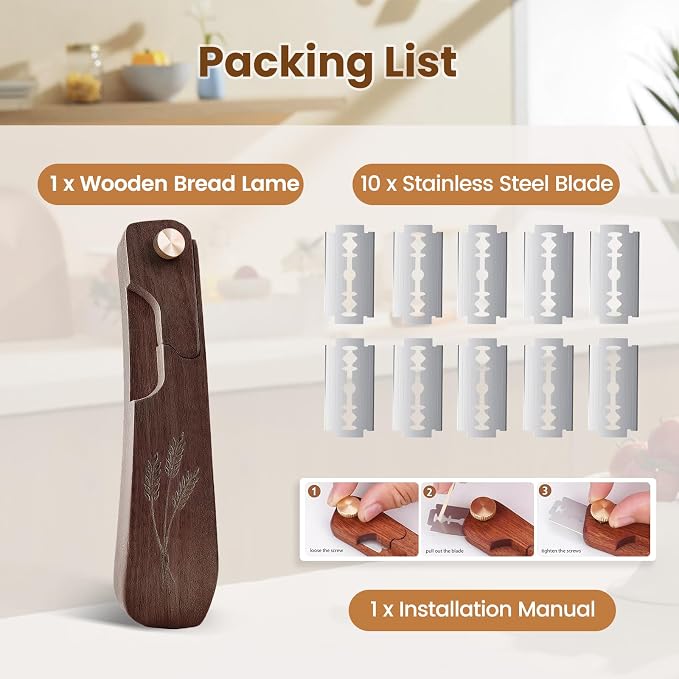 Wooden Bread Lame Dough Scoring Tool, Handcrafted Bread Scoring Tool for Sourdough Bread Baking, Upgraded Sourdough Scoring Tool With Screw Lock & 10 Razor Blades(Black Walnut)