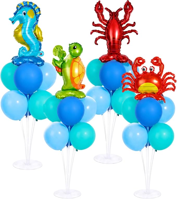 4 Sets Ocean Animal Theme Party Balloons Stand Kit with Sea Turtle Seahorse Lobster Crab Foil Balloons Party Balloon Centerpiece for Tables for Under the Sea Birthday Pool Beach Decoration