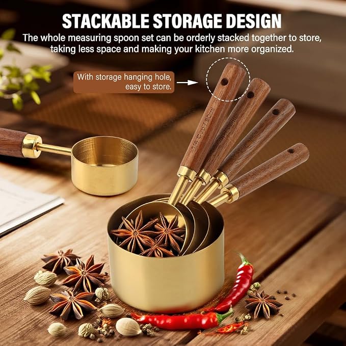 8Pcs Measuring Cups and Spoons Set, Stackable Measuring Cups with Wooden Handle, Stainless Steel Kitchen Measure Supplies Kit for Baking, Cooking(COLOR:gold+brown)