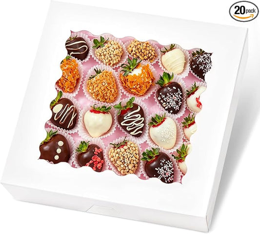 Kucoele Pie Boxes, 12 x 12 x 2.5 Inches, 20 PCS, White | Auto-Popup, with Window, Bakery Boxes, Cookie Boxes, Treat Boxes, For Chocolate Strawberries, Pastries, Muffins, Donuts