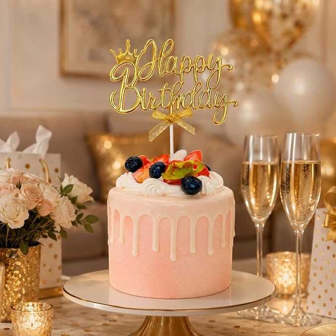 Gold Acrylic Happy Birthday Cake Topper with Crown and Bow | Glossy gold acrylic script with crown and bow adds an elegant finishing touch to birthday cakes and celebration desserts.