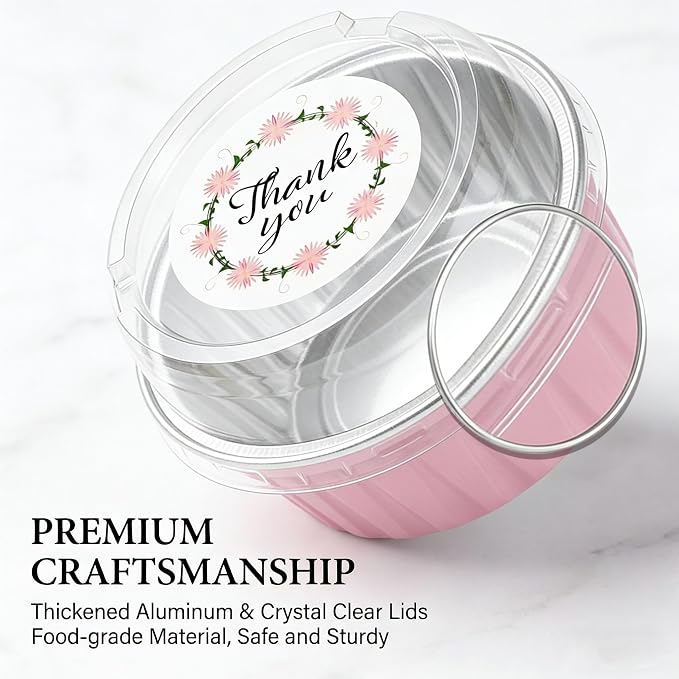 100 PCS Aluminium Foil Baking Cups, Mini Cake Pans with Lids and 100 PCS Spoons, 5 oz Disposable Baking Cups Foil Ramekins For Party Birthday Wedding Valentines (Pink)