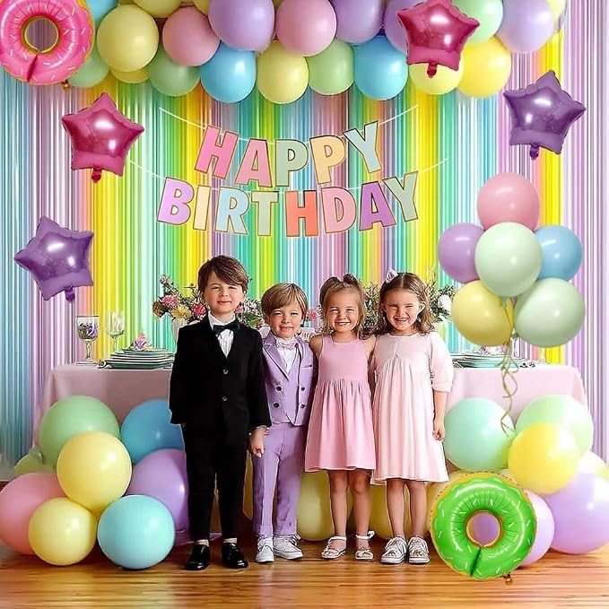 Pastel Birthday Decoration Kit Happy Birthday Banner Macaron Fringe Curtains Green Pink Candy Donut Star Foil Balloon Rainbow Colorful Double Stuffed Balloons for Girls Baby Shower Easter Party Decor