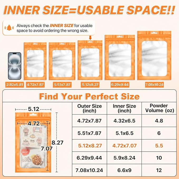 ANZNKU 100 Pack Orange Resealable Mylar Bags with Frosted Clear Window 5.12x8.27", Smell Proof Foil Pouch Bag forJewelry Candy Party Favor Storage, Sealable Packaging Bags for Small Business