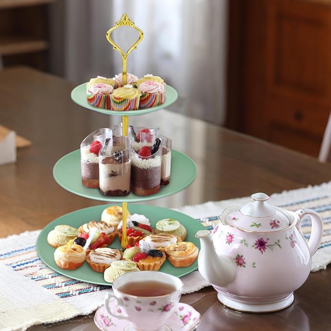 Lucky Will Green Tiered Dessert Serving Tray for Kid's Party Supplies Favors 3 Tier Cupcake Cake Stand for Birthday Tea Afternoon Halloween Christmas Candy Bar