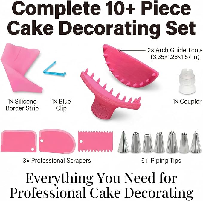 Cake Arch Guide Tool & Piping Guide Stencil, 16 Pcs Cake Decorating Tools with Frosting Scrapers and Piping Bag Set, Cake Ruffle Marker for 6"-10" Cakes (Pink)