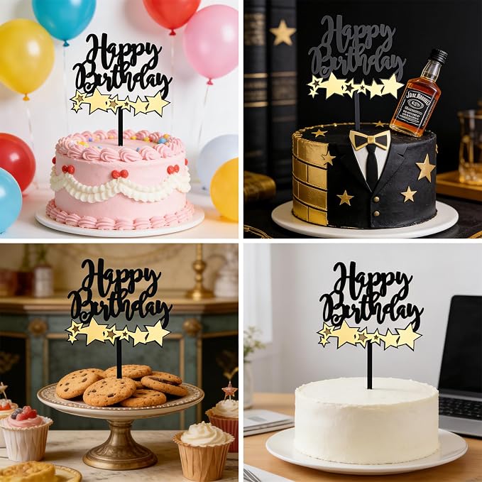 Acrylic Happy Birthday Cake Topper Durable Reusable Perfect for Birthday Cakes, Cupcakes, Dessert Tables Ideal for Kids Adults Birthday Celebrants (Black,Gold-2)