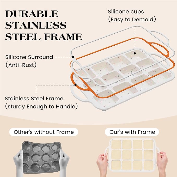 2 Pcs Brownie Pan with Dividers Silicone Nonstick Mini Individual 12 Cup Square Muffin Cupcake Pans with Metal Reinforced Frame(Cream)