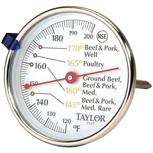 Taylor Leave-in Meat Oven Safe Compact Analog Dial Meat Food Grill BBQ Kitchen Cooking Thermometer, 3 inch dial, Stainless Steel