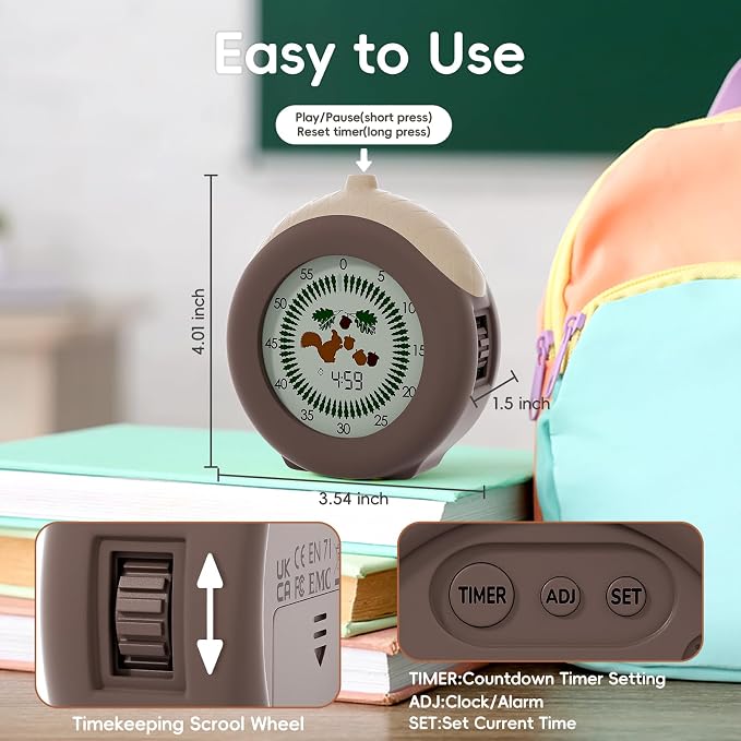 Visual Timer for Kids, 299 Minute Cute Squirrel Timer, Digital Timer with Pause Function, Clock and Alarm for Classroom, Homeschool Supplies Study Teaching Time Management Tool