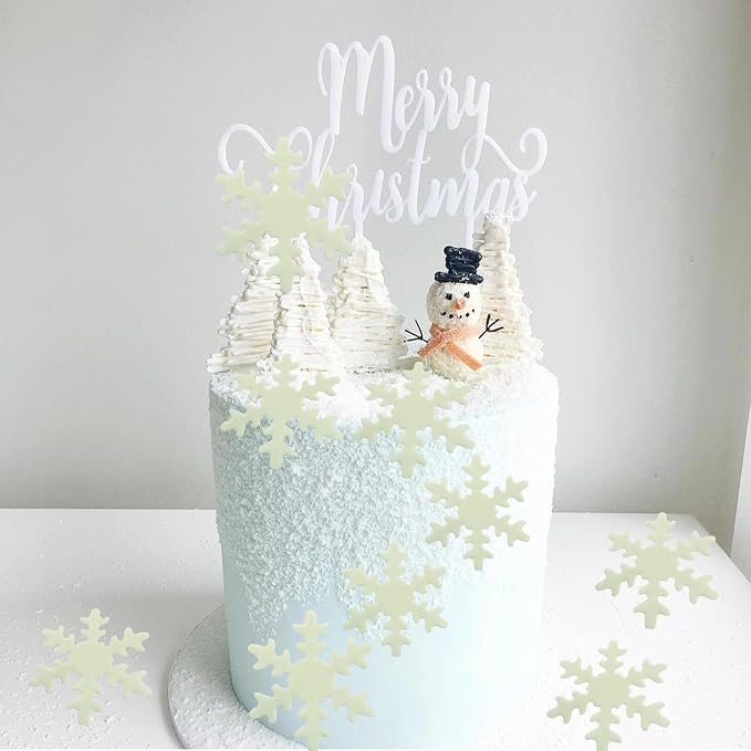 YOcity 50PCS Edible Snowflakes Cake Cupcake Toppers White Snowflake Cupcakes Decorting for Christmas Winter Frozen Theme Birthday Party Supplies (White)