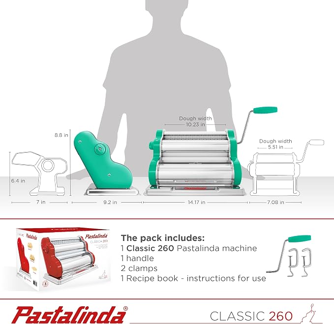 PASTALINDA Classic 260 Pasta Maker Machine, 26 cm Wide Rollers, 9 Thickness Positions, 2 Cutting Positions, Stainless Steel. Includes Reinforced Hand Crank And Two Clamps (Green)