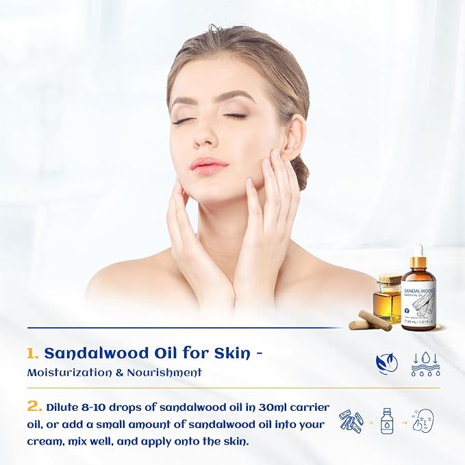 HIQILI Sandalwood Essential Oils 1 Fl Oz, for Skin, Diffuser, Perfume, Candle Soap Making, Includes Premium Quality Glass Dropper