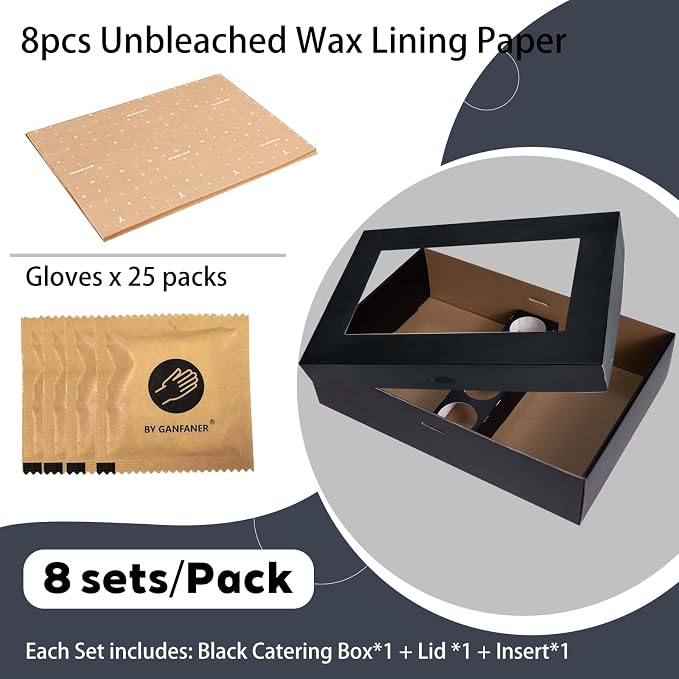 Black Cardboard Grazing Box, 8 PCS Outdoor Platter Serving Box w/Clear Lid for 5-8 People To Go, Stably Filled Disposable Catering Trays w/Lid for Food Take Out (15"x10"x3.5")