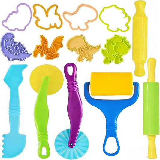 14Pcs Dough Tools Play for Kids-Dough Accessories Dinosaur Rolling Pins Cutters Roller, Party Favors Toy for Ages 3+