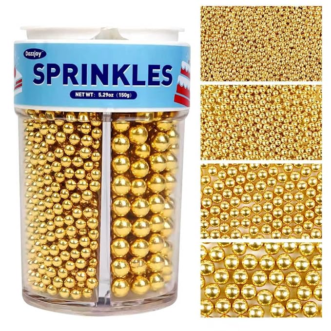 Dazzjoy Edible Gold Pearl Sprinkles, Sugar Pearl, Food Grade, Edible Pearls for Cake Decorating, 150g/5.29oz, Gold Cake Decoration & Cupcake Topper, Patriotic Wedding Party Halloween Supplies