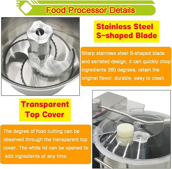 12L Commercial Food Processor Stainless Steel Electric Meat Vegetable Chopper Multifunctional Food Cutter Meat Grinder Meatball Beater 2000W Blender for Fruit Vegetable Grains Garlic