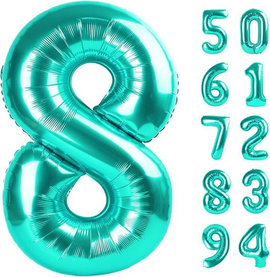 Teal Blue 8 Balloon, Number Balloons 40 Inch, 8th Birthday Decorations for Girls, Birthday Balloons, Teal Blue Party Supplies, Number 8 Balloon