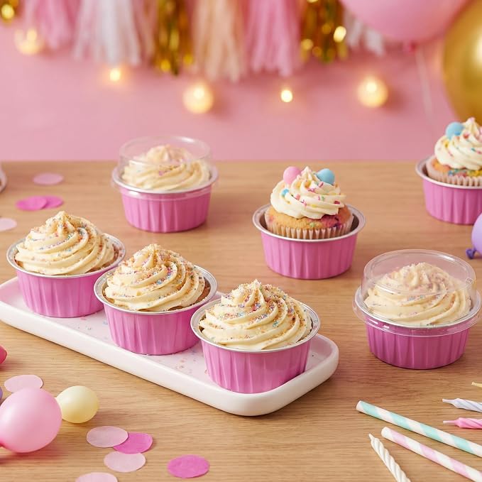 Gejoy 400 Pcs Aluminum Foil Baking Cups with Lids 5 oz Disposable Ramekins Mini Cake Pans Creme Brulee Cupcake Liners Muffin Dessert Container for Wedding Birthday Party (Classic,Dark Pink)