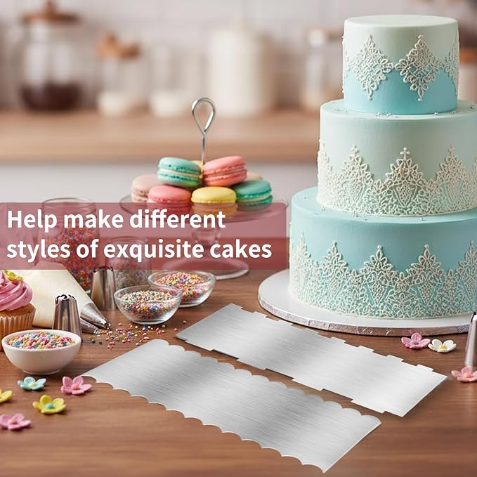 2 Pack 8.7 Inch Stainless Steel Cake Scraper, Double Sided Patterned Edge Stripe Edge Smoother Scraper Frosting Scraper Cake Decorating Comb for Mousse Butter Cream - Style 2