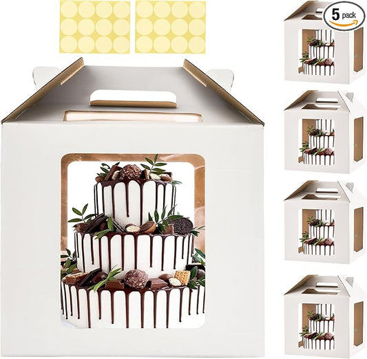 XININSUN Tall Cake Boxes for Tier Cakes 14x14x14 Inch Tall Cake Carrier with 6 Windows,Large Tierd Cake Take Out Transport Containers with Handle for Wedding, Birthday, Party-5Pack