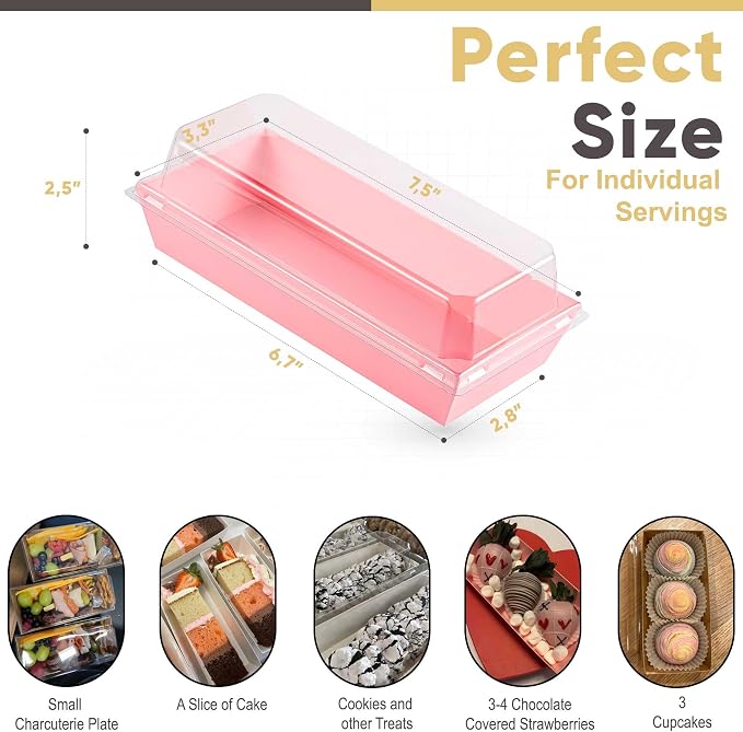 Leafiew 50 Pack 7.5x3.3 Inches Small Clear Treat Boxes-Dessert Boxes To Go-Disposable Paper Mini Containers for Cookie, Cake Slice, Charcuterie, Bakery, Pastry, Strawberry, Baked Goods Packaging(Pink)