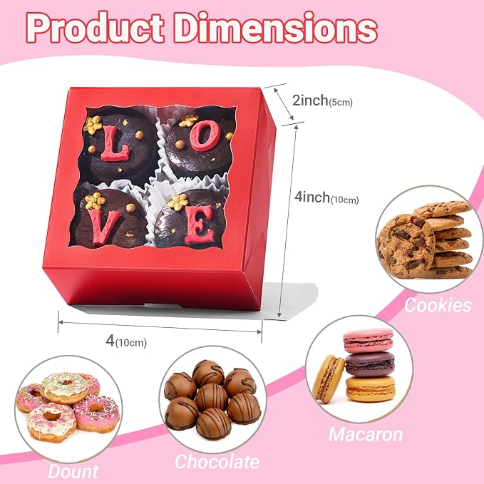 100PCS 4x4x2 inches Classic Red Bakery Boxes with Window - Macaron Cookie Chocolate Truffle Strawberry & Mini Cake Gift Boxes for Parties Valentine's Birthdays Wedding Christmas Favors