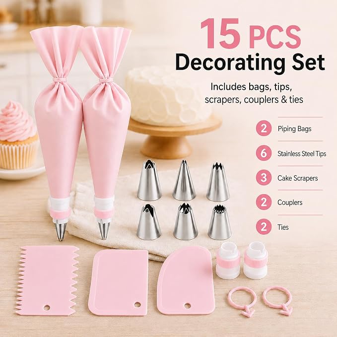 15 PCS Cake Decorating Supplies Set with 2 Reusable Superflex Piping Bags, 6 Stainless Steel Icing Tips, 3 Cake Scrapers, 2 Couplers and Ties for Beginners,Pink