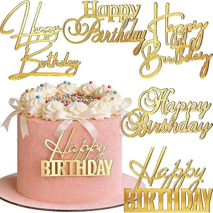 5Pcs Gold Acrylic Happy Birthday Cake Toppers Happy Birthday Sign for Cake Topper Decoration Supplies Party Celebration Toppers for Cakes Side Inserts Mirror Acrylic Glitter Cupcake Dessert Topper
