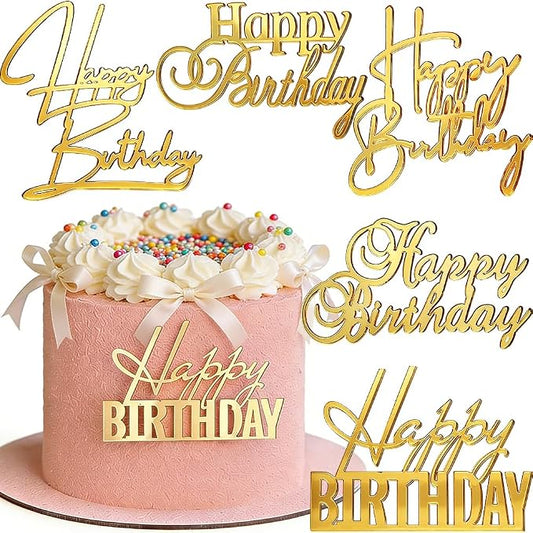5Pcs Gold Acrylic Happy Birthday Cake Toppers Happy Birthday Sign for Cake Topper Decoration Supplies Party Celebration Toppers for Cakes Side Inserts Mirror Acrylic Glitter Cupcake Dessert Topper