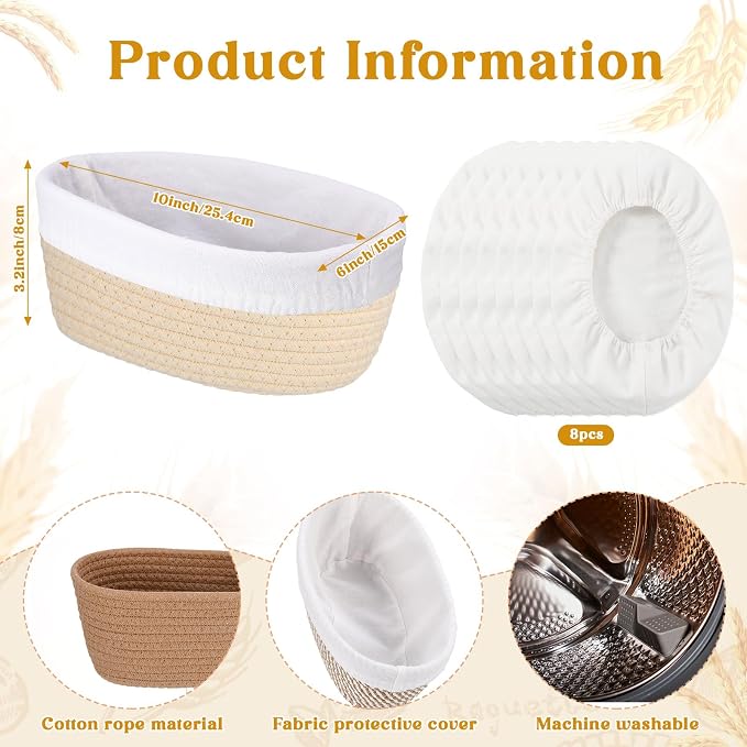 4 Pcs 10 Inch Cotton Rope Banneton Bread Proofing Basket Set Oval Banneton Basket Sourdough Bread with Liners Covers for Baking Supplies (Earth Tones)