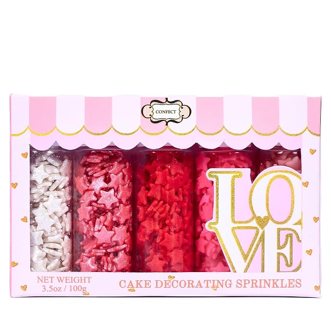Confect Star Sprinkles | Sprinkle for Baking, Cookie & Cake Decorative | Baby Shower Sprinkles | Pink, White & Red Sprinkle | Edible sprinkles Mix Pack of 5-Vegan, Gluten-Free, Nut-Free, Soy-Free, Dairy-Free, Palm Oil-Free -5 Oz