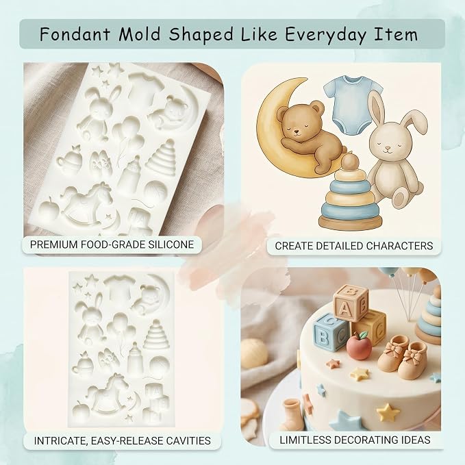 1Pc Rocking Horse Bunny Bear Silicone Mold 3D Balloons Stars ABC Blocks Cake Decorating Fondant Mold for Cake Toppers Candy Gum Paste Pastry Chocolate Sugarcraft Baking Supplies Birthday