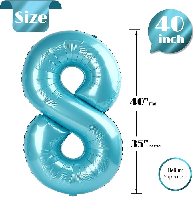 Pearlescent Blue 8 Balloon, Number Balloons 40 Inch, 8th Birthday Decorations for Boys Girls, Birthday Balloons, Pearlescent Blue Party Supplies, Number 8 Balloon