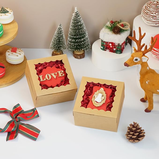 XINHPKGG 50pcs Cookie Boxes 4x4x2.5 Inch Bakery Boxes with Window Treat Box Dessert Box for Wedding Favors Party - Brown