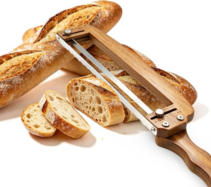 Adjustable Bread Slicer, Wooden Bread Knife for Homemade Sourdough, Ambidextrous Sharp Serrated Stainless Steel Blade, Thickness Guide for Baguettes, Bagels & Sourdough, Ideal Gift for Bakers